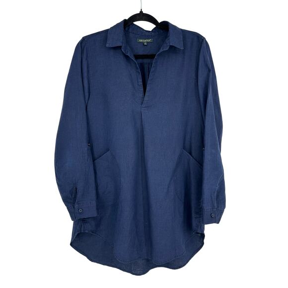 For Cynthia Tops - For Cynthia Womens Long Sleeve 100% Linen Top Navy Lagenlook Coastal Minimalist